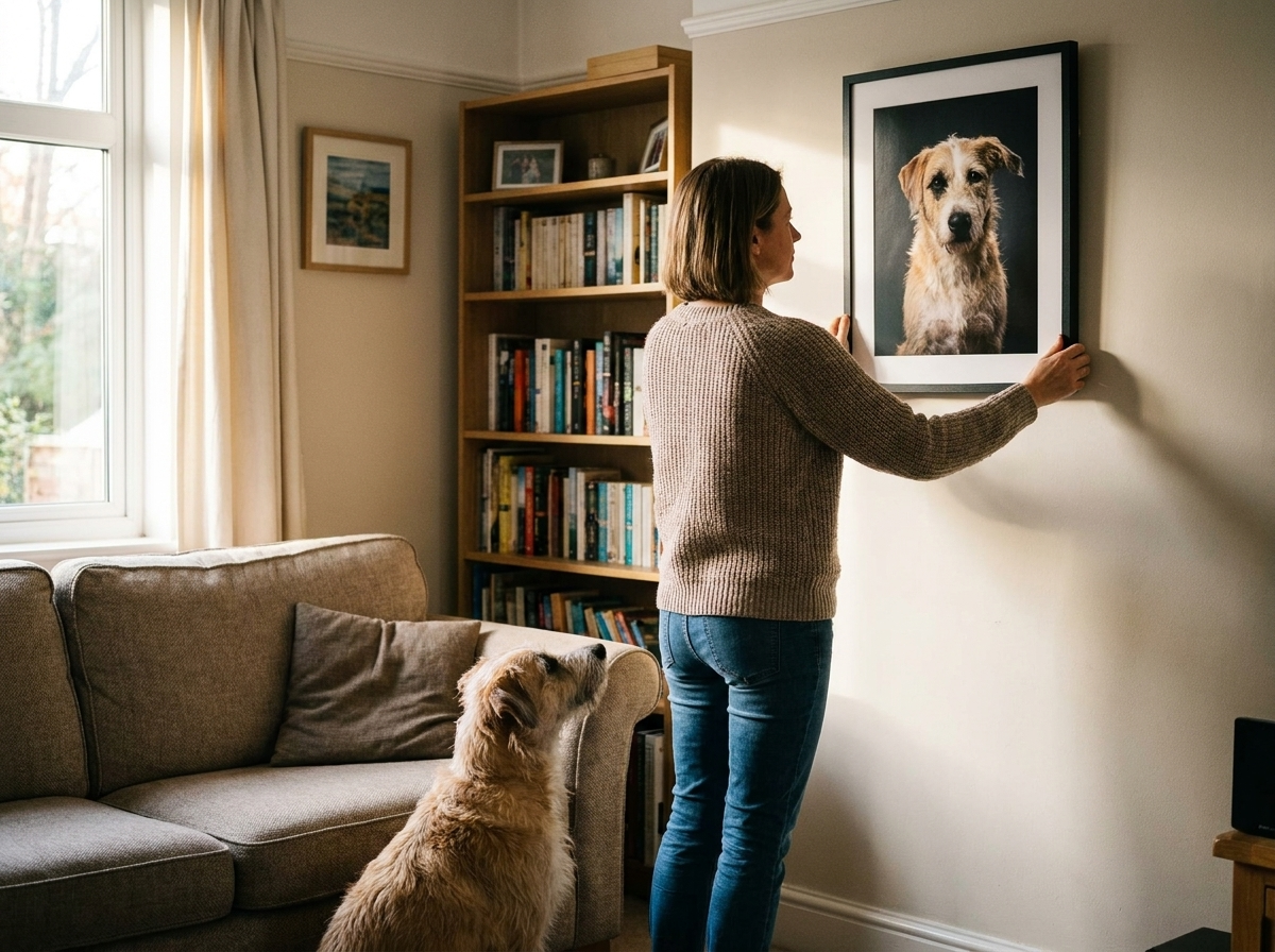Una mujer cuelga en el salón el retrato enmarcado de su perro mientras el perro lo mira desde el sofá.