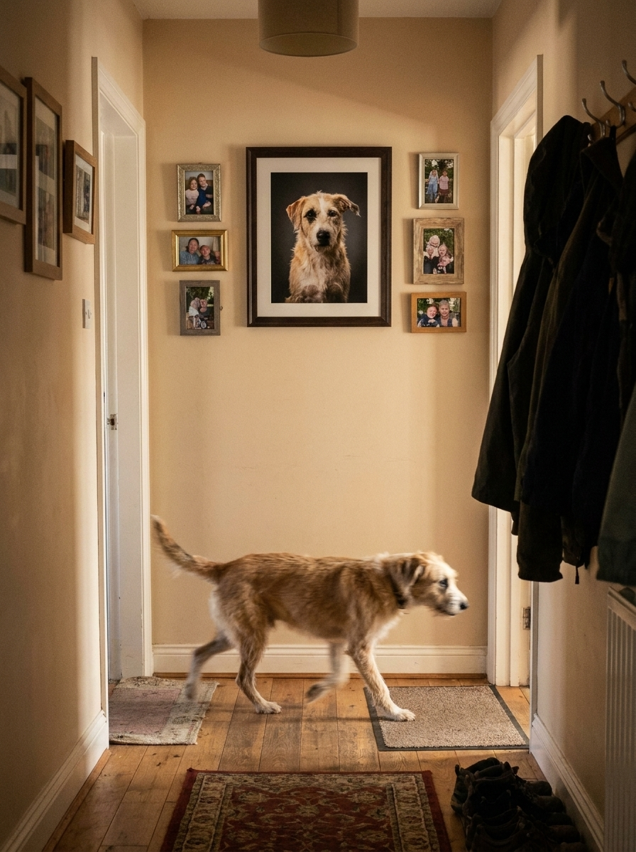 Un pasillo de casa con el retrato del perro colgado entre fotos familiares mientras el perro pasa por delante.