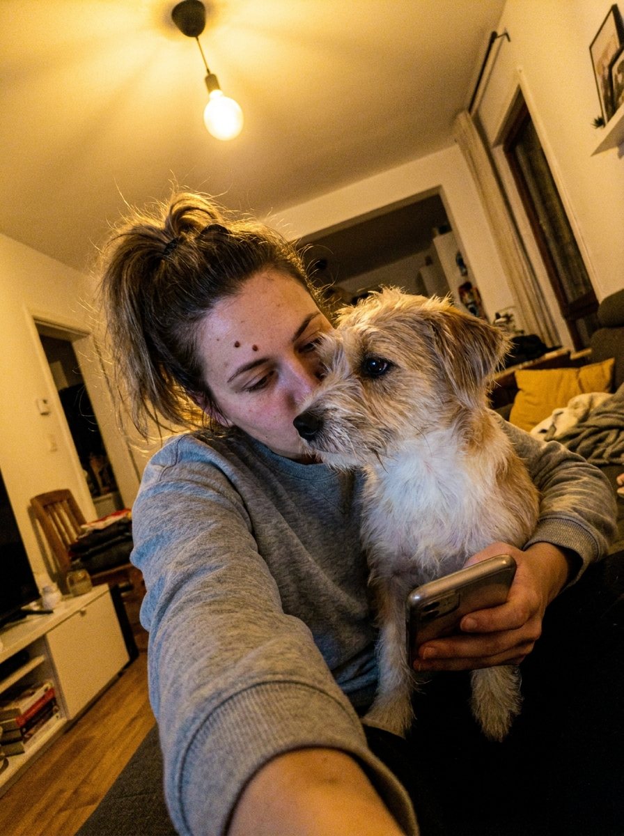 Selfie casera de una mujer con su perro en el sofá, con la bombilla del techo encendida.