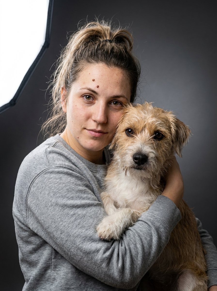 La misma mujer y el mismo perro como retrato de estudio.