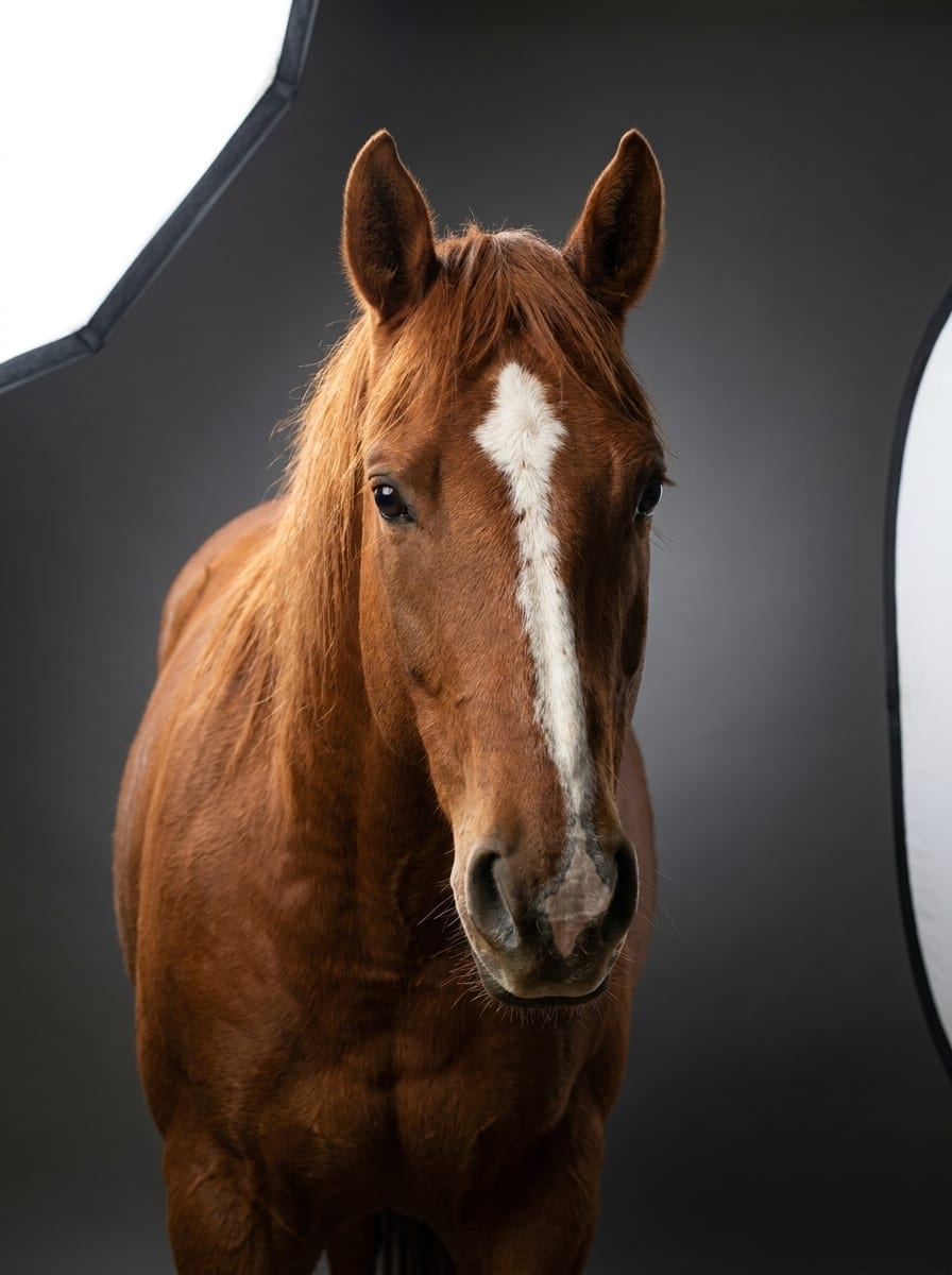 El mismo caballo como retrato de estudio.