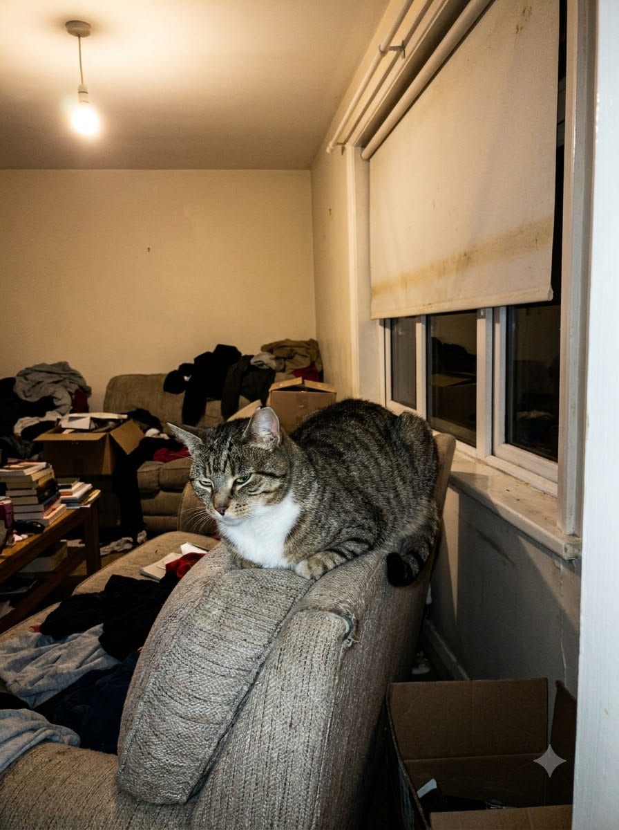 Foto casera de un gato atigrado en el respaldo de un sofá.